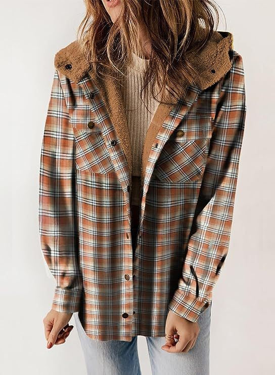 Women’s Wool Jacket – Relaxed Fit – Plaid Pattern – Plush Lined Hood – Button Front