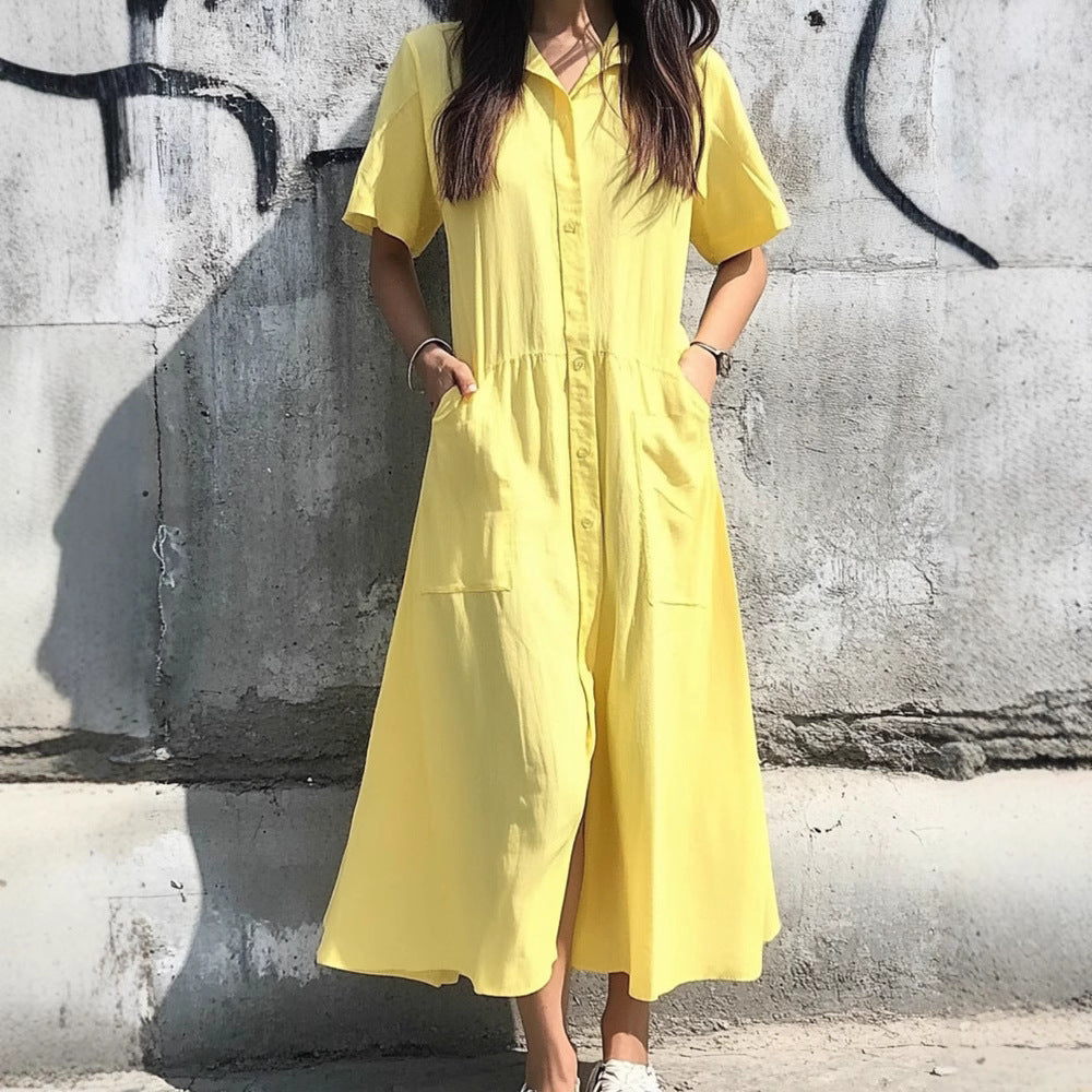 Women’s Shirt Dress – Relaxed Fit – Button-Down Front – Cotton Blend – Midi Length