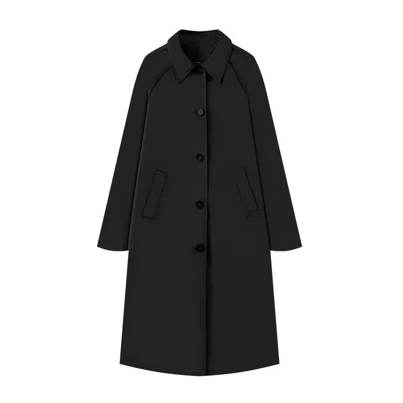 Women’s Coat – Midi Length – Relaxed Straight Fit – Wool Blend – Raglan Sleeves – Button Closure