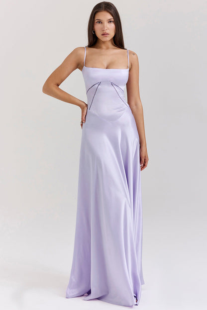 Women's Evening Dress – Satin – A-line Long Dress – Spaghetti Straps – Cut-out Waist