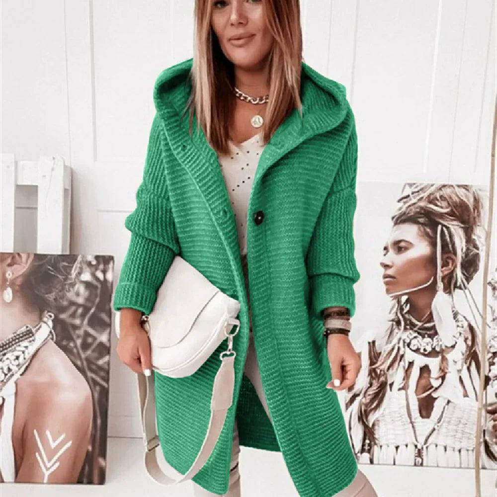 Women’s Hooded Cardigan – Loose Fit – Long Line – Ribbed Knit – Button Front – Drop Shoulder
