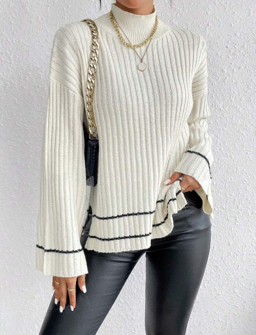 Women's Knit Sweater – Oversized Fit – Ribbed Texture – High Neck – Long Sleeves