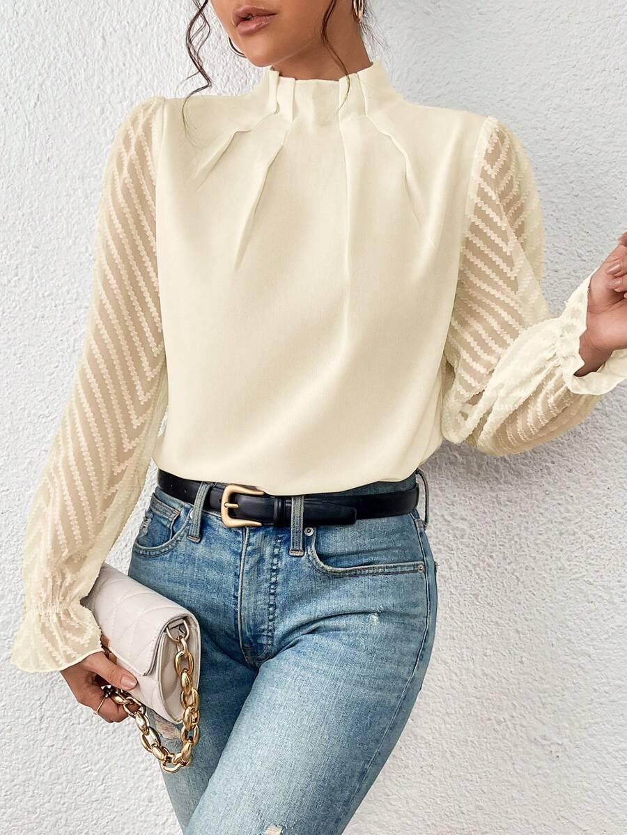 Women's blouse with pleated mesh sleeves | Flared details