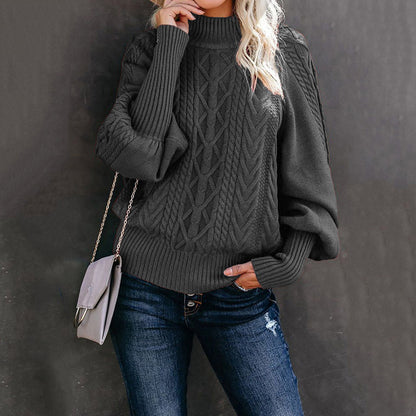 Chunky knit sweater for women with high collar and voluminous sleeves