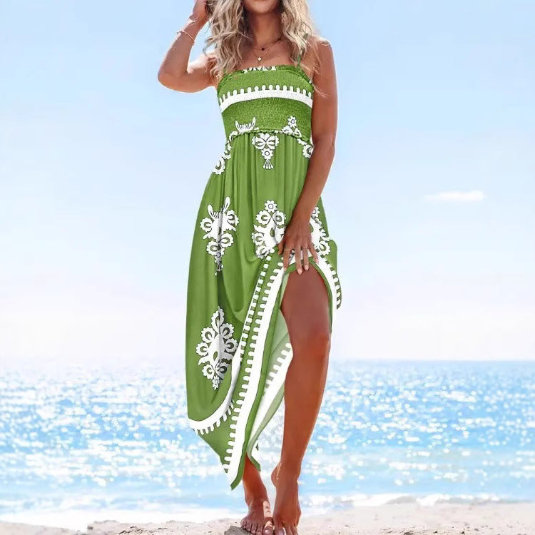 Women’s Maxi Dress – Strapless Smocked Bodice – A-Line Fit – Paisley Print – Side Slit