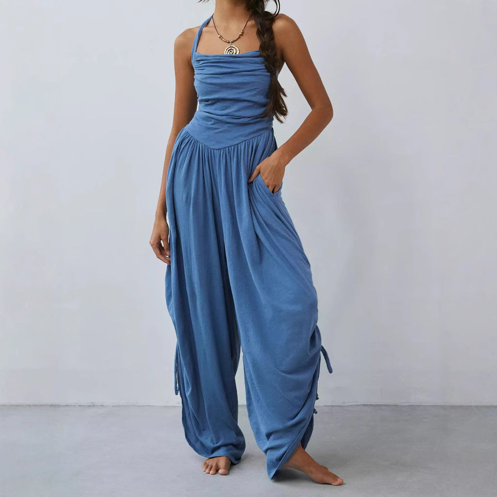 Women's Jumpsuit – Halterneck – Loose Fit – Wide Legs – Ruched Top