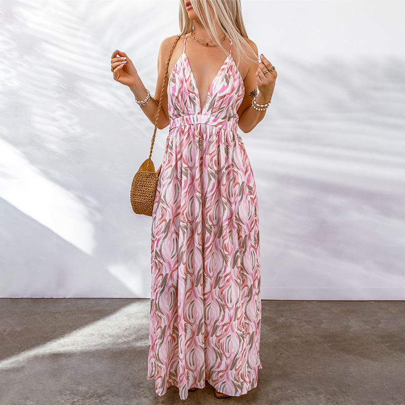 Women’s Maxi Dress – Flowy Fit – Deep V-Neck – Floral Print