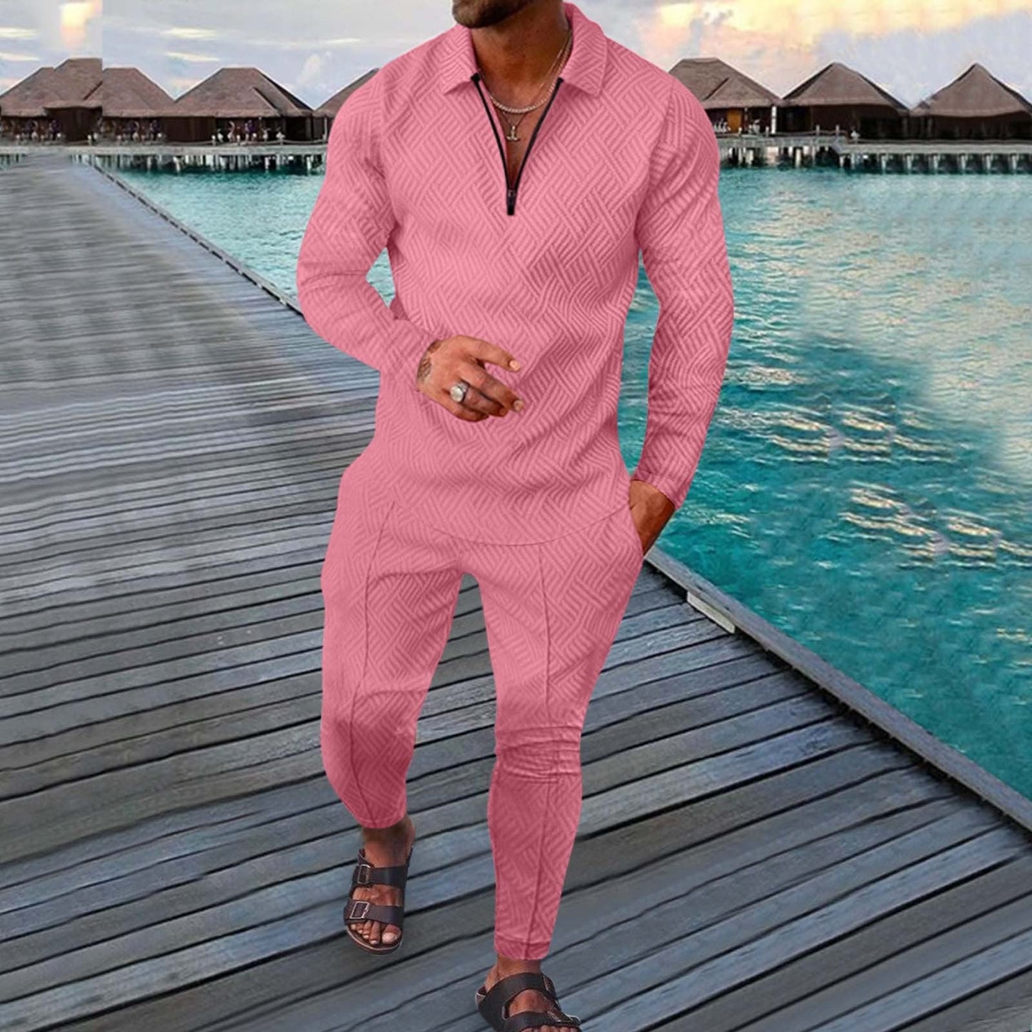 Men's Two Piece Slim Fit Sports Leisure Suit With Breathable 3D Print Long Sleeve Polo By TrendAura