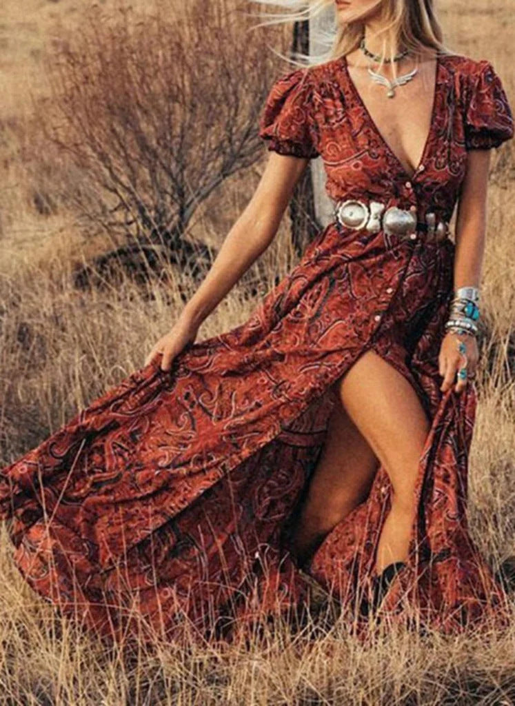 Women’s Maxi Dress – Fitted Waist – Puff Sleeves – Front Slit – Button Detail