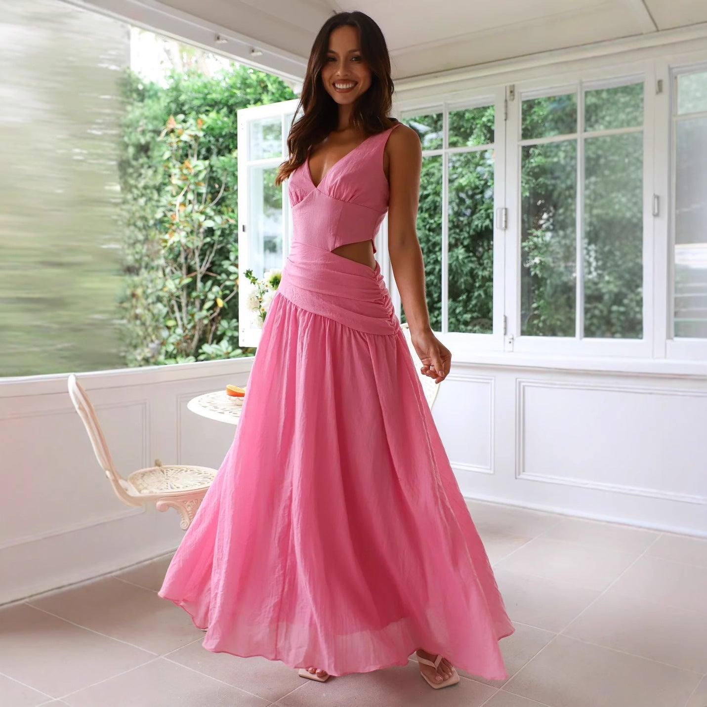 Women's Maxi Dress – Sleeveless – A-line Fit – V-neck – Waist Cutout