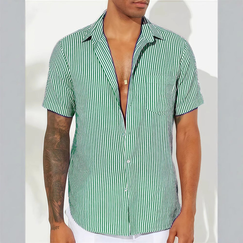 Men's Button Up Shirt Relaxed Fit Short Sleeve Vertical Stripes Cotton Blend For Casual Wear