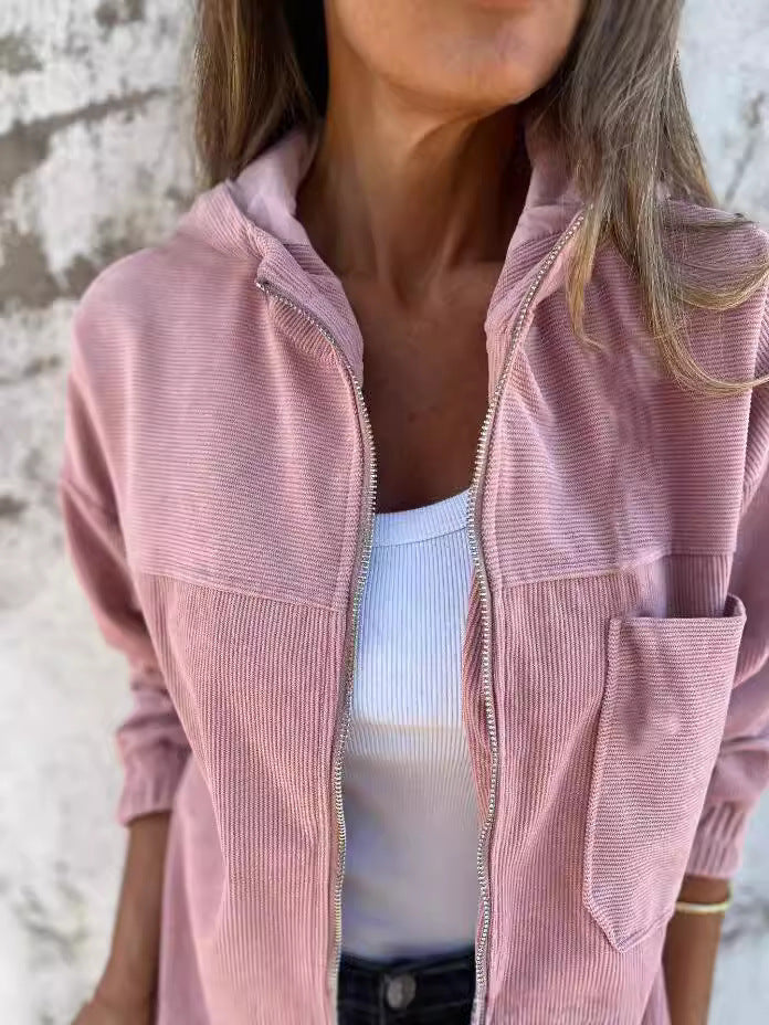 Women’s Hooded Jacket – Corduroy – Relaxed Fit – Zip Front – Elastic Cuffs – Casual Wear