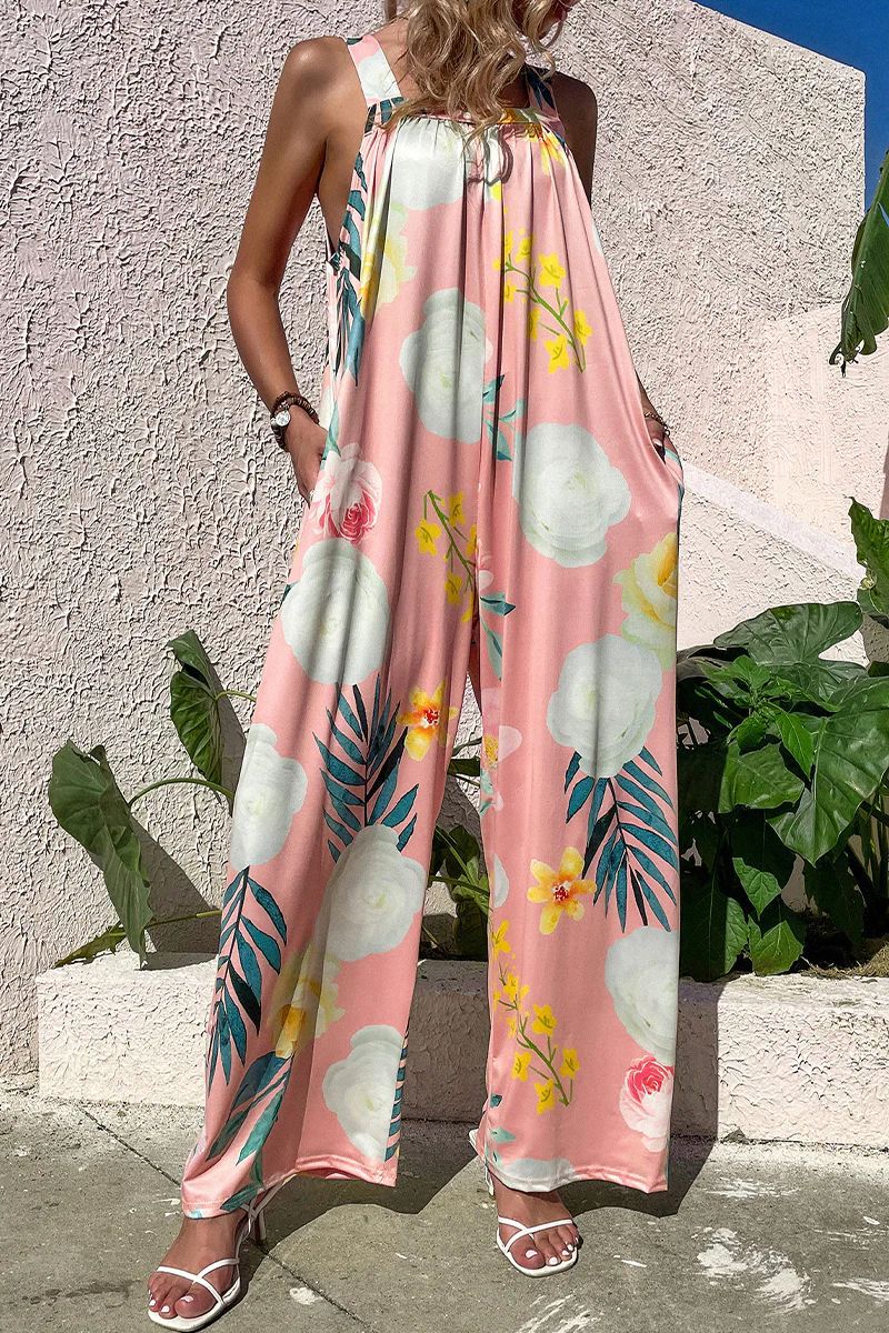 Women's Jumpsuit – Loose Fit – Wide Legs – Light Material – Printed Strapless Design