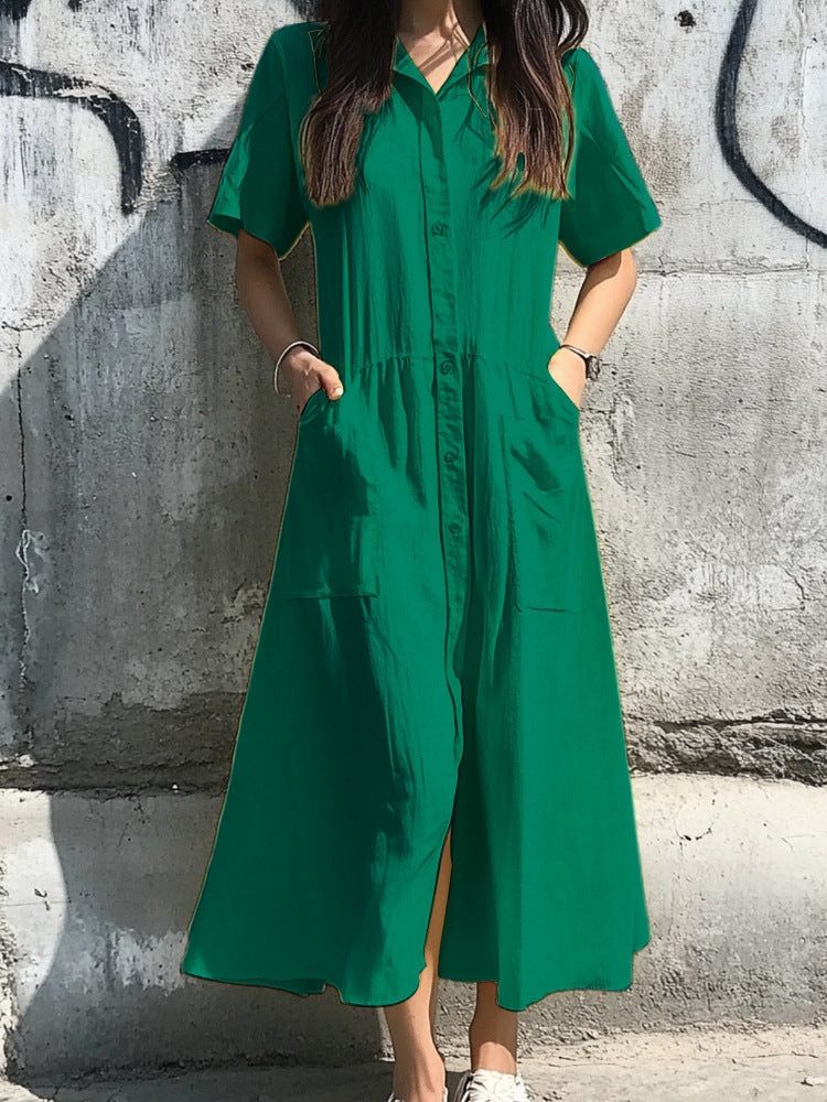 Women’s Shirt Dress – Relaxed Fit – Button-Down Front – Cotton Blend – Midi Length
