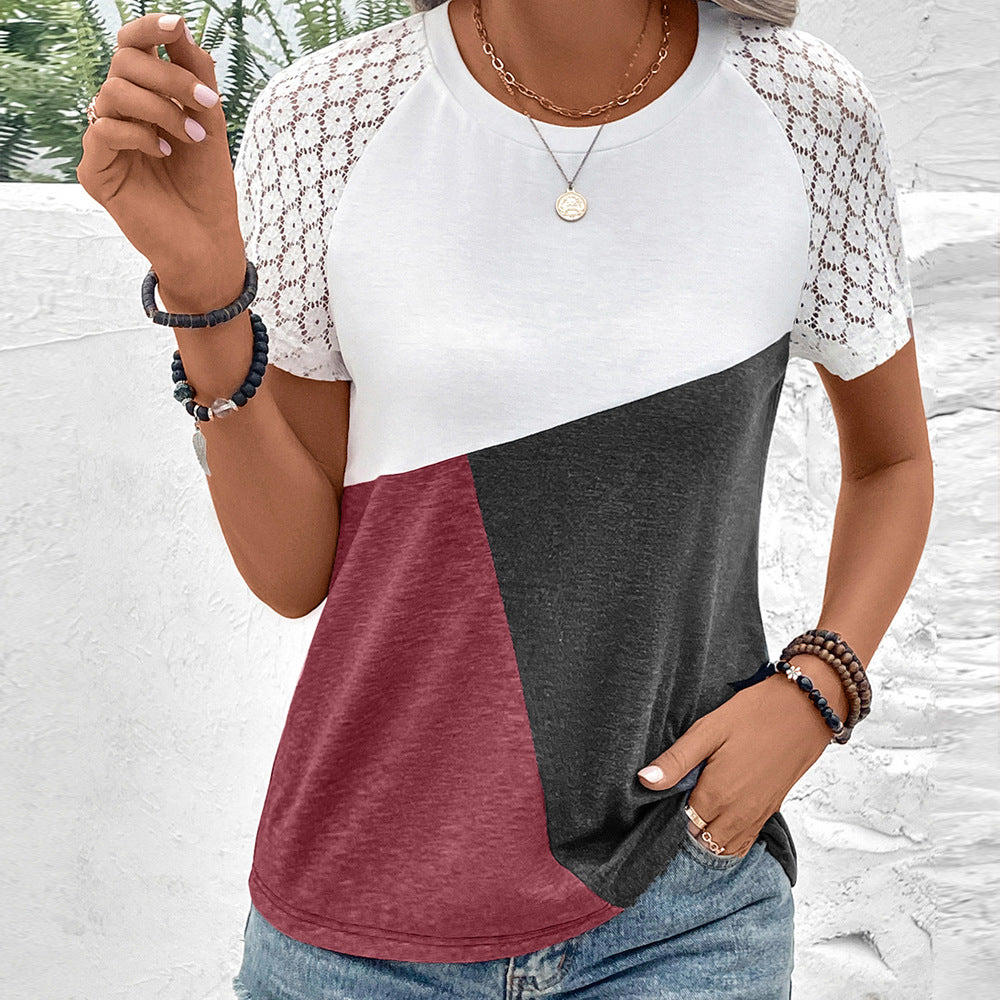 Women’s T-Shirt – Relaxed Fit – Cotton Blend – Lace Sleeves – Round Neck Casual Wear