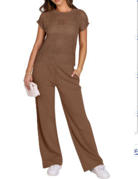 TrendAura Women's Open-Knit Short-Sleeve Top and Wide-Leg Pants Set - Relaxed Fit for Casual Comfort