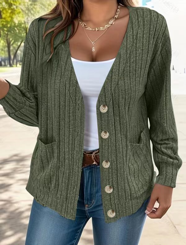 Women’s Cardigan – Relaxed Fit – Ribbed Knit – Button Front – Hip Length – Pockets