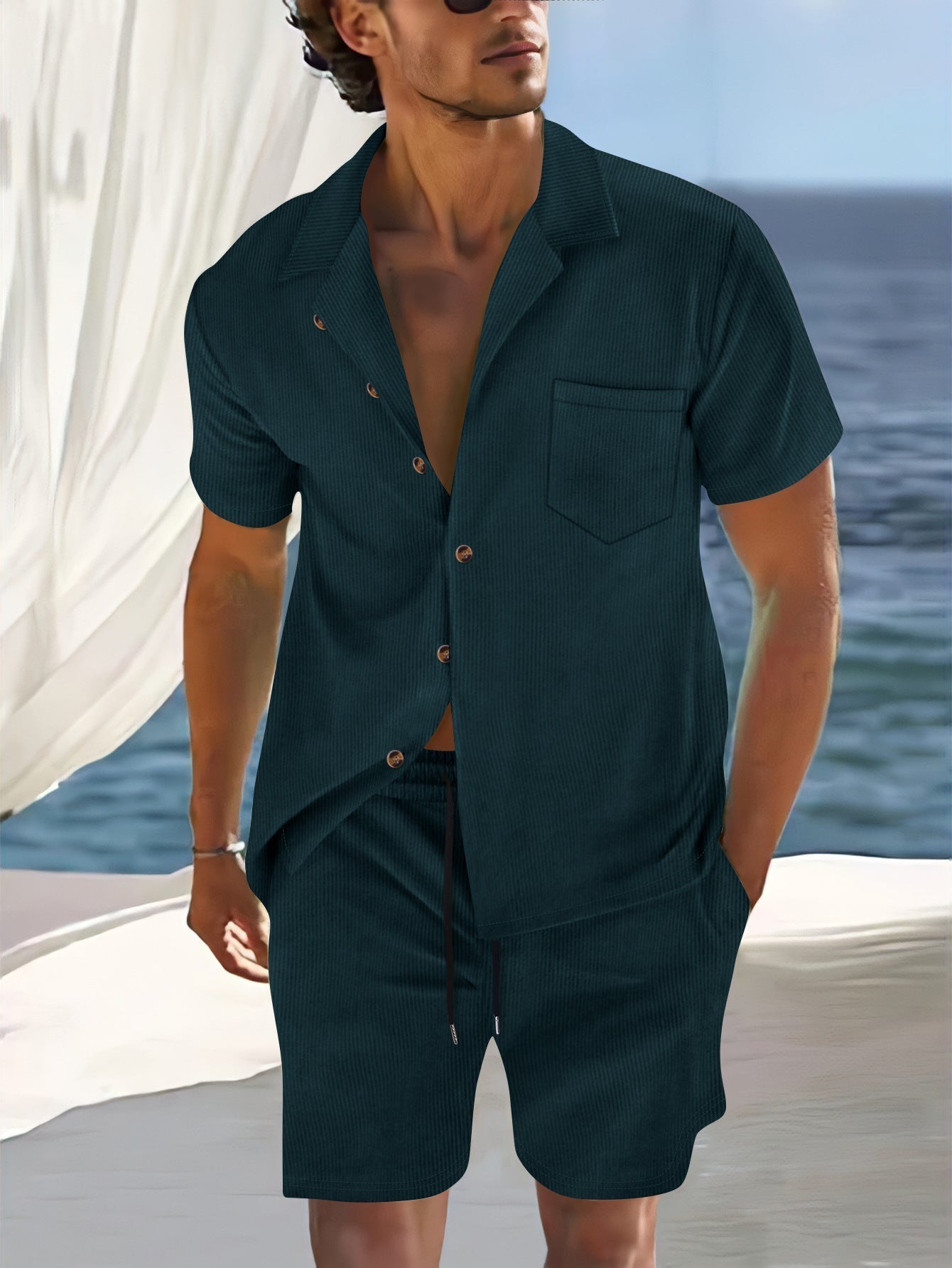 Men's Short Sleeve Shirt Set Relaxed Fit Lapel Collar Vertical Striped Button Front 2 Piece Summer Outfit