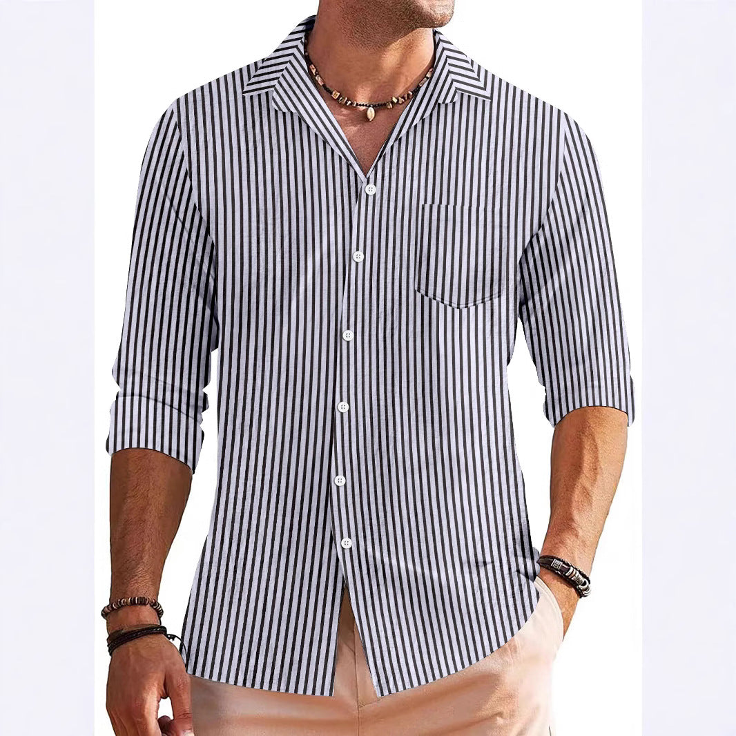 TrendAura Men's Long Sleeve Shirt Regular Fit Striped Pattern Chest Pocket Breathable Material