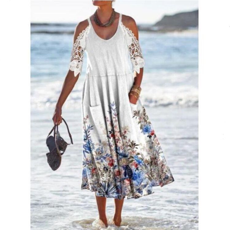 Women’s Maxi Dress – Flowing Fit – Cold Shoulder Lace Sleeves – Floral Print – Pockets