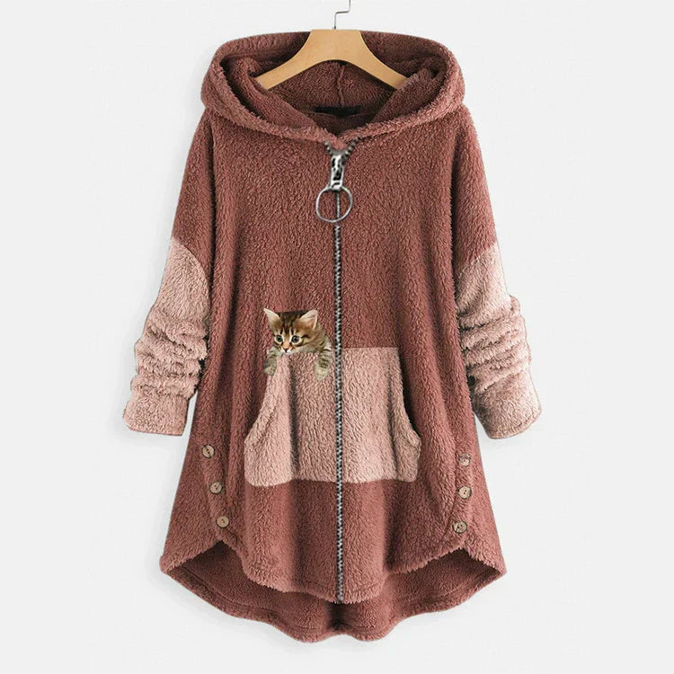 Women’s Long Hooded Jacket – Oversized Fit – Plush Fleece – Cat Pocket – High-Low Hem