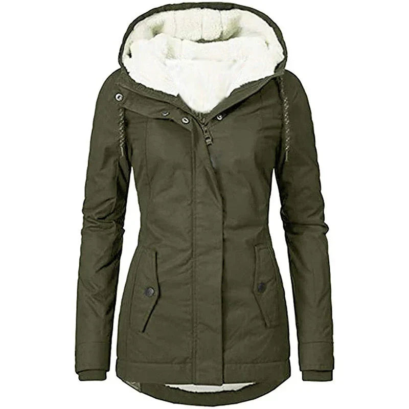 Women’s Parka Coat – Hooded Plush Lining – Semi-Fitted – Mid-Thigh Length – Weather-Resistant