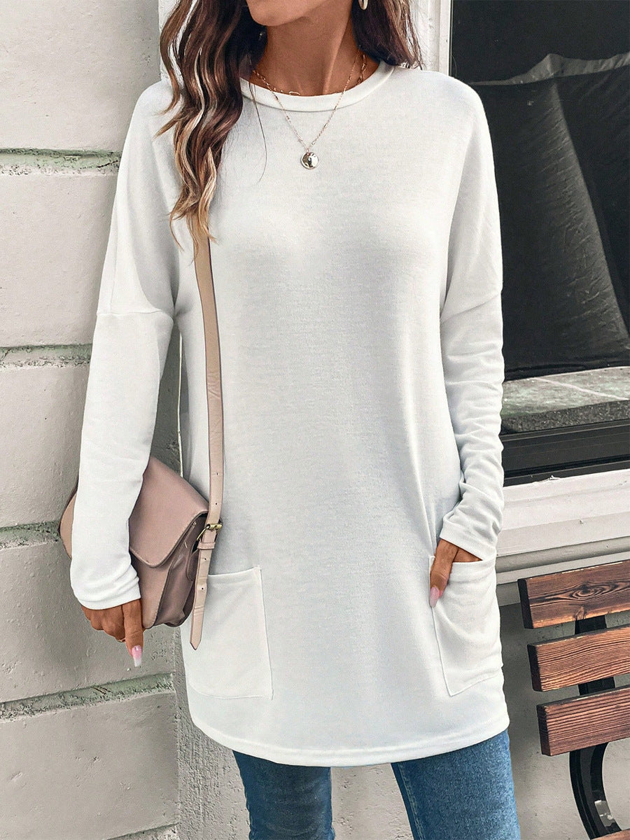Women’s Sweatshirt – Relaxed Fit – Cotton Blend – Tunic Length – Round Neck – Hip Pockets