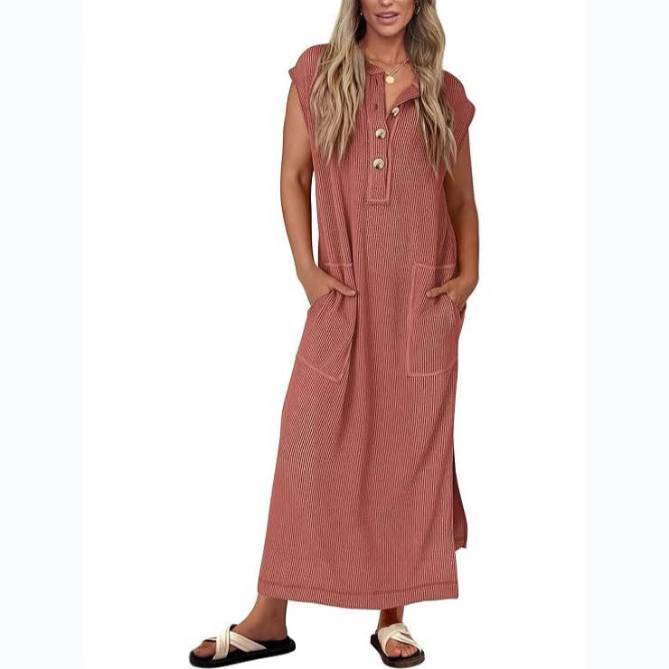 Women’s Maxi Dress – Relaxed Fit – Cotton Linen Feel – Cap Sleeves – Side Pockets