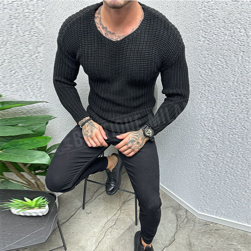 Men's Slim Fit Heavy Wool Knit Sweater Round Neck Long Sleeve Casual Winter Wear TrendAura