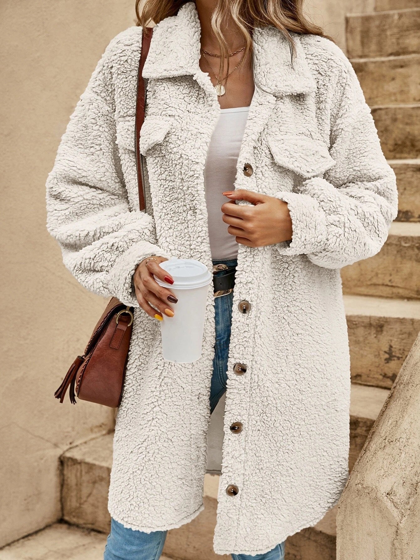 Women’s Long Coat – Plush Fleece – Oversized Fit – Button Down with Lapel Collar