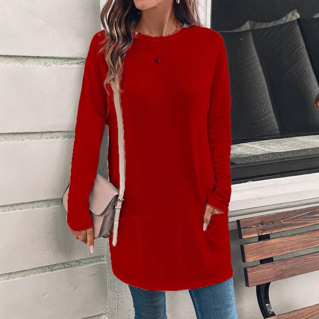 Women’s Sweatshirt – Relaxed Fit – Cotton Blend – Tunic Length – Round Neck – Hip Pockets
