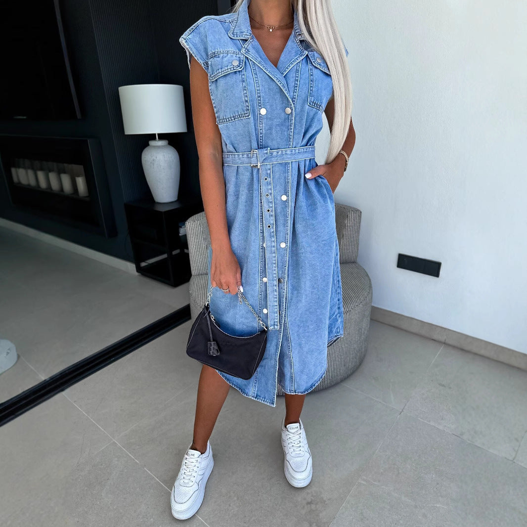 Women's Denim Dress – Sleeveless – Button Closure – Belt at Waist – Midi Length