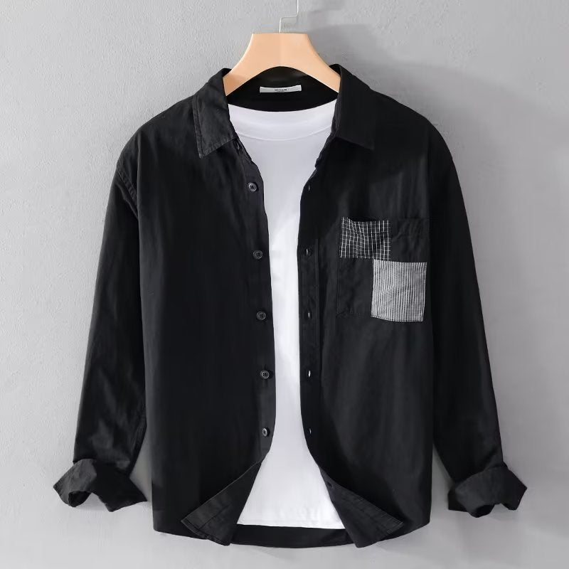 Men's Long Sleeve Shirt Relaxed Fit Cotton Blend Patch Pocket Casual Button Up Shirt