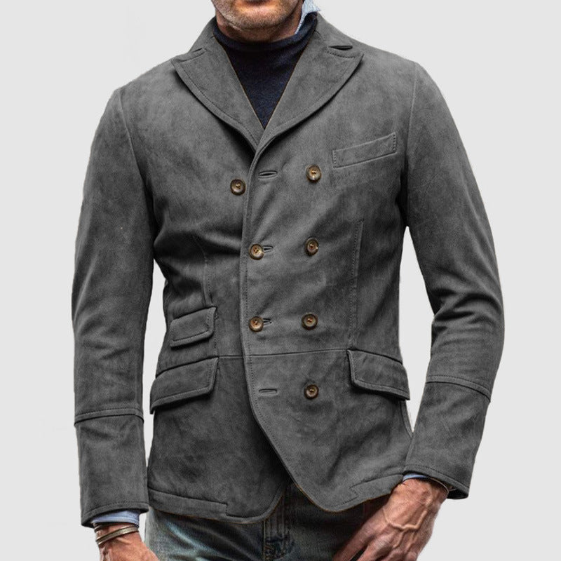Men's Double Breasted Jacket With Tailored Fit And Suede Like Texture Notch Lapel