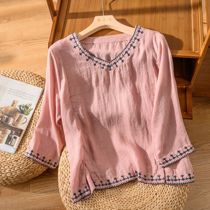 Women's Patterned V-Neck Blouse with Short Sleeves and Lightweight Fabric