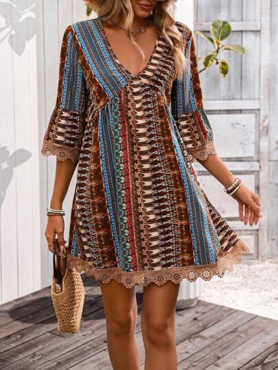 Women's Dress – A-line Fit – Bohemian Print – V-neckline – Lace Trim – 3/4 Sleeves