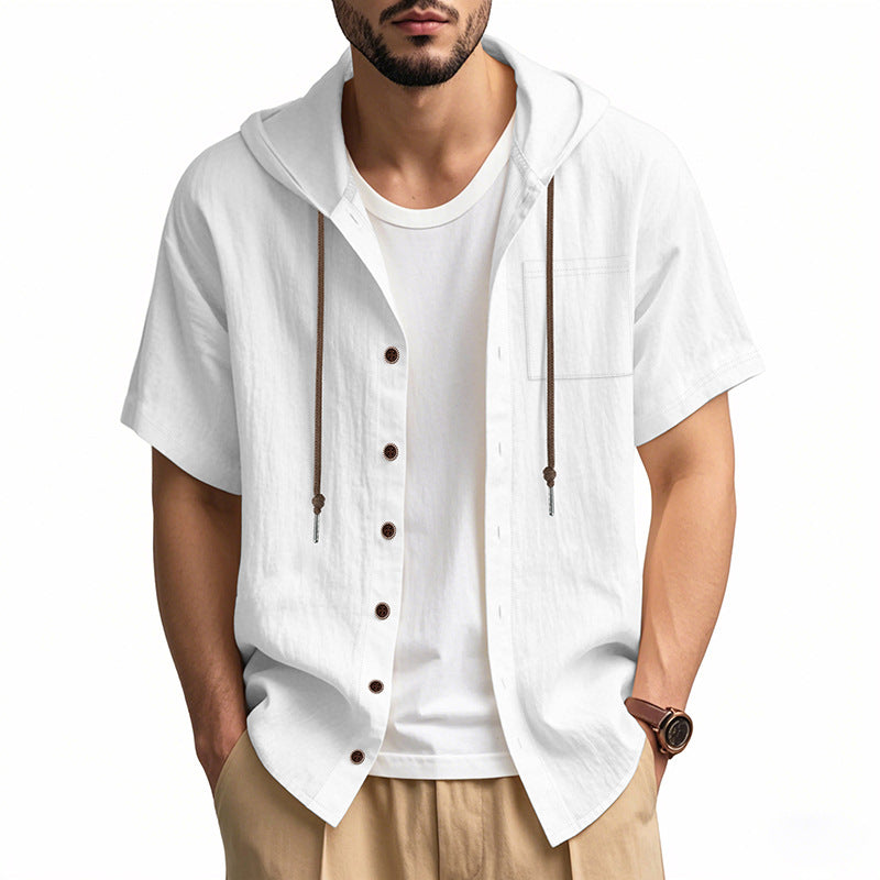 Men's Hooded Linen Blend Shirt With Short Sleeves Relaxed Fit Button Closure Perfect For Summer