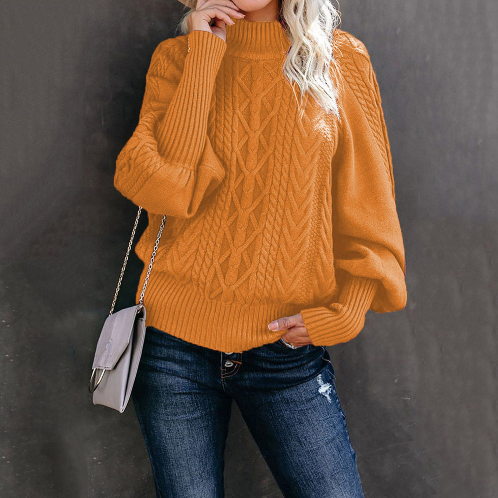 Chunky knit sweater for women with high collar and voluminous sleeves