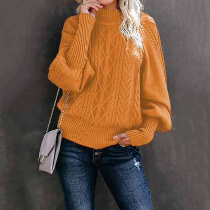 Chunky knit sweater for women with high collar and voluminous sleeves