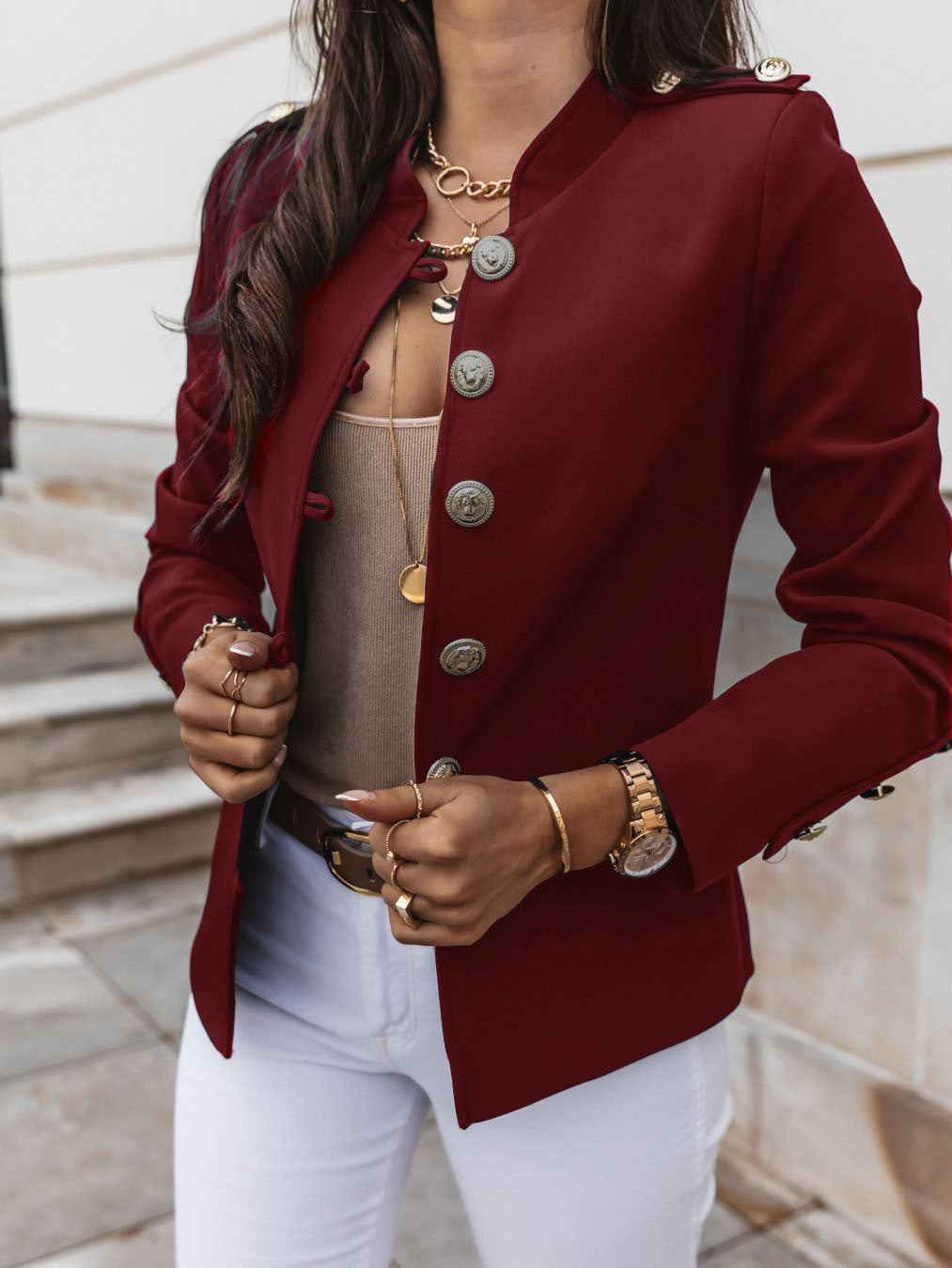 Women’s Blazer – Slim Fit – Mandarin Collar – Metallic Button Detail – Short Length