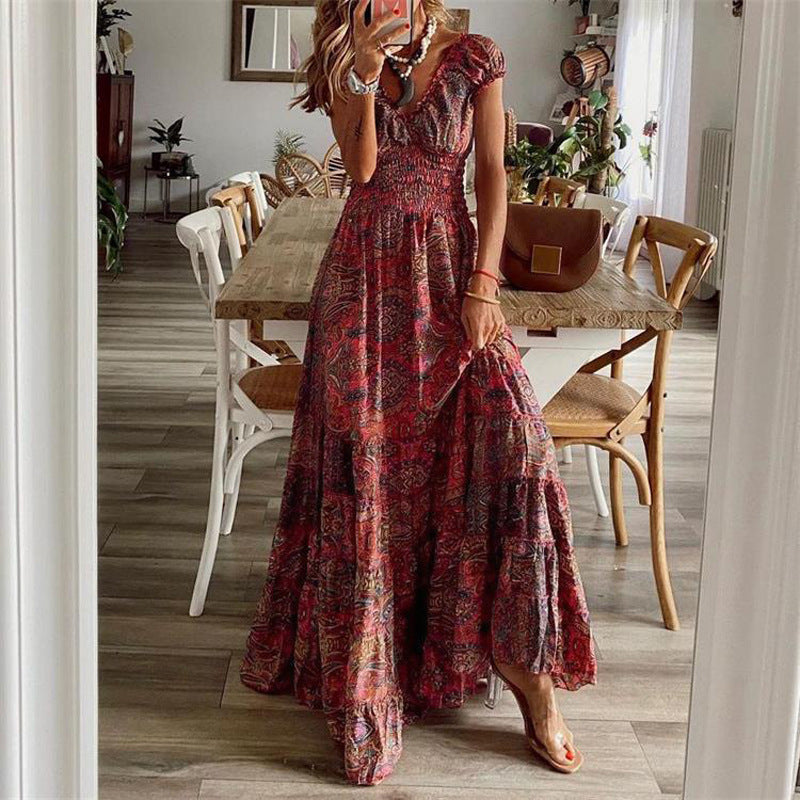 Women’s Maxi Dress – V-Neck – Smocked Bodice – Tiered Skirt – Breathable Cotton