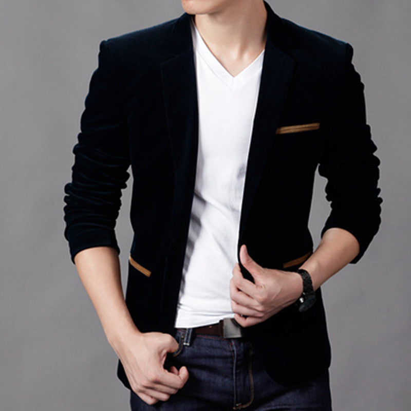 Men's Corduroy Slim Fit Blazer with Notched Lapel Single Button Closure and Welt Pockets