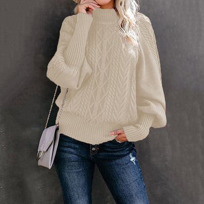 Chunky knit sweater for women with high collar and voluminous sleeves