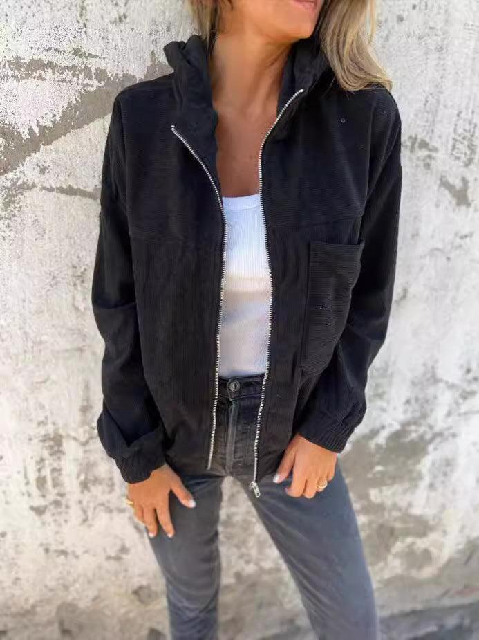 Women’s Hooded Jacket – Corduroy – Relaxed Fit – Zip Front – Elastic Cuffs – Casual Wear