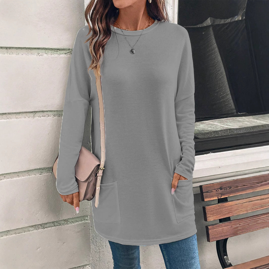 Women’s Sweatshirt – Relaxed Fit – Cotton Blend – Tunic Length – Round Neck – Hip Pockets