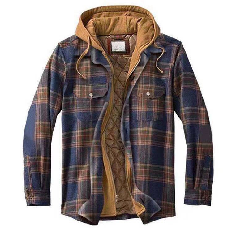 Mens Hooded Plaid Jacket With Quilted Lining Thick Cotton Casual Relaxed Fit Winter Coat