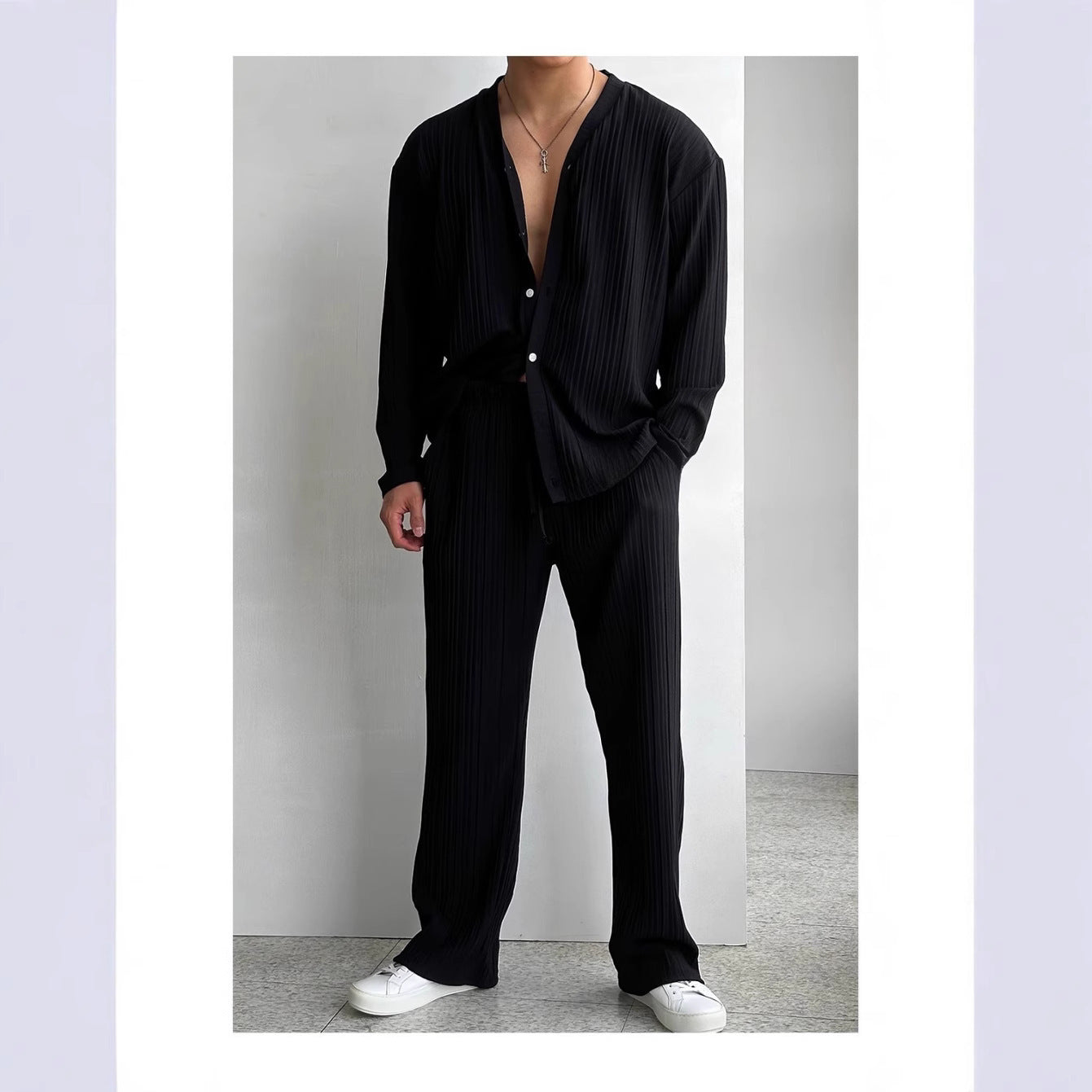 Men's Matching Set With Pleated Texture In Relaxed Fit Shirt And Pants By Nordic Flair
