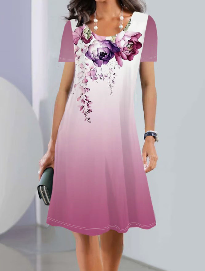 Women’s A-Line Dress – Floral Print – Short Sleeve – Cotton Feel – Knee Length
