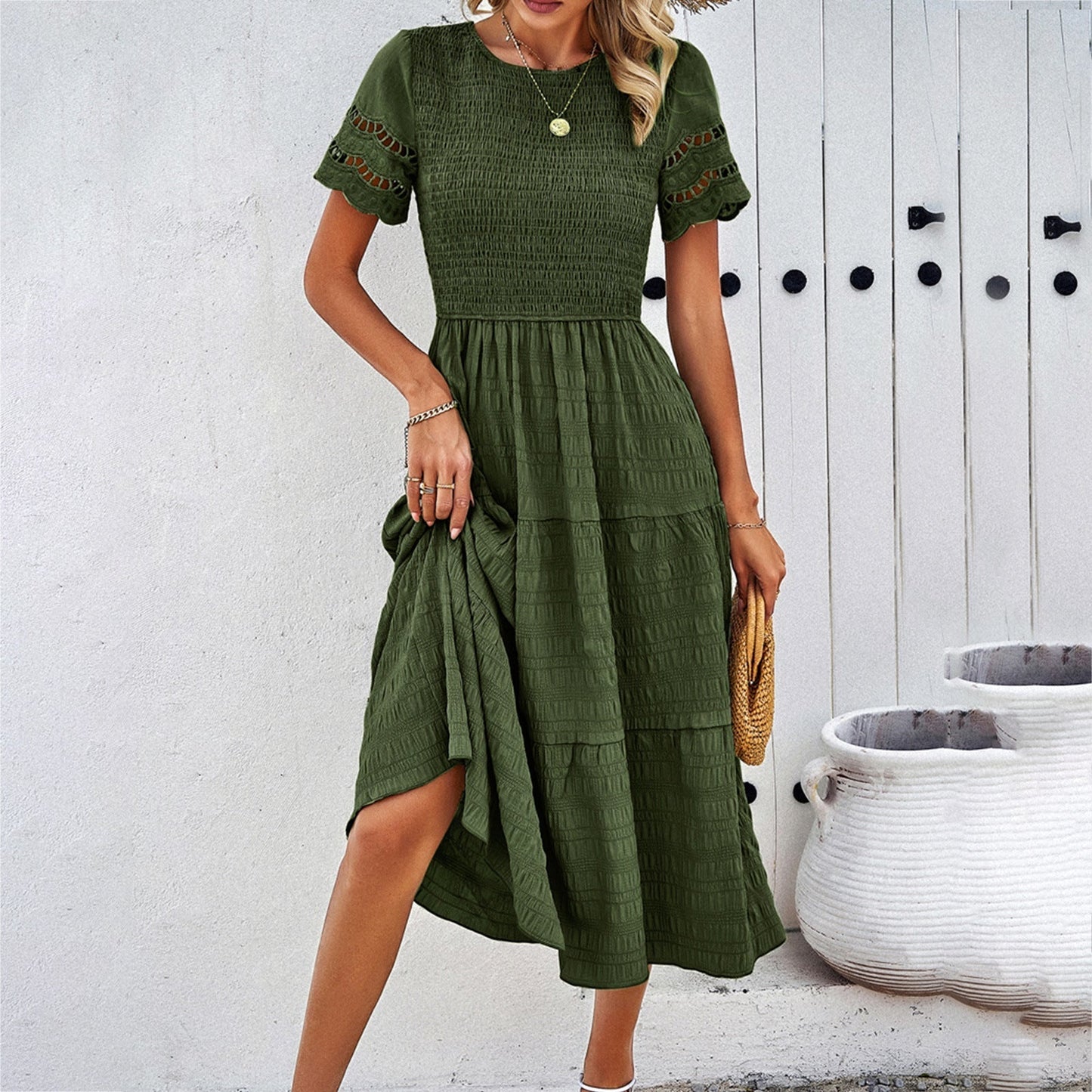 Women's Midi Dress – Smocked Bodice – Tiered Skirt – Cut-Out Short Sleeves – Loose Fit