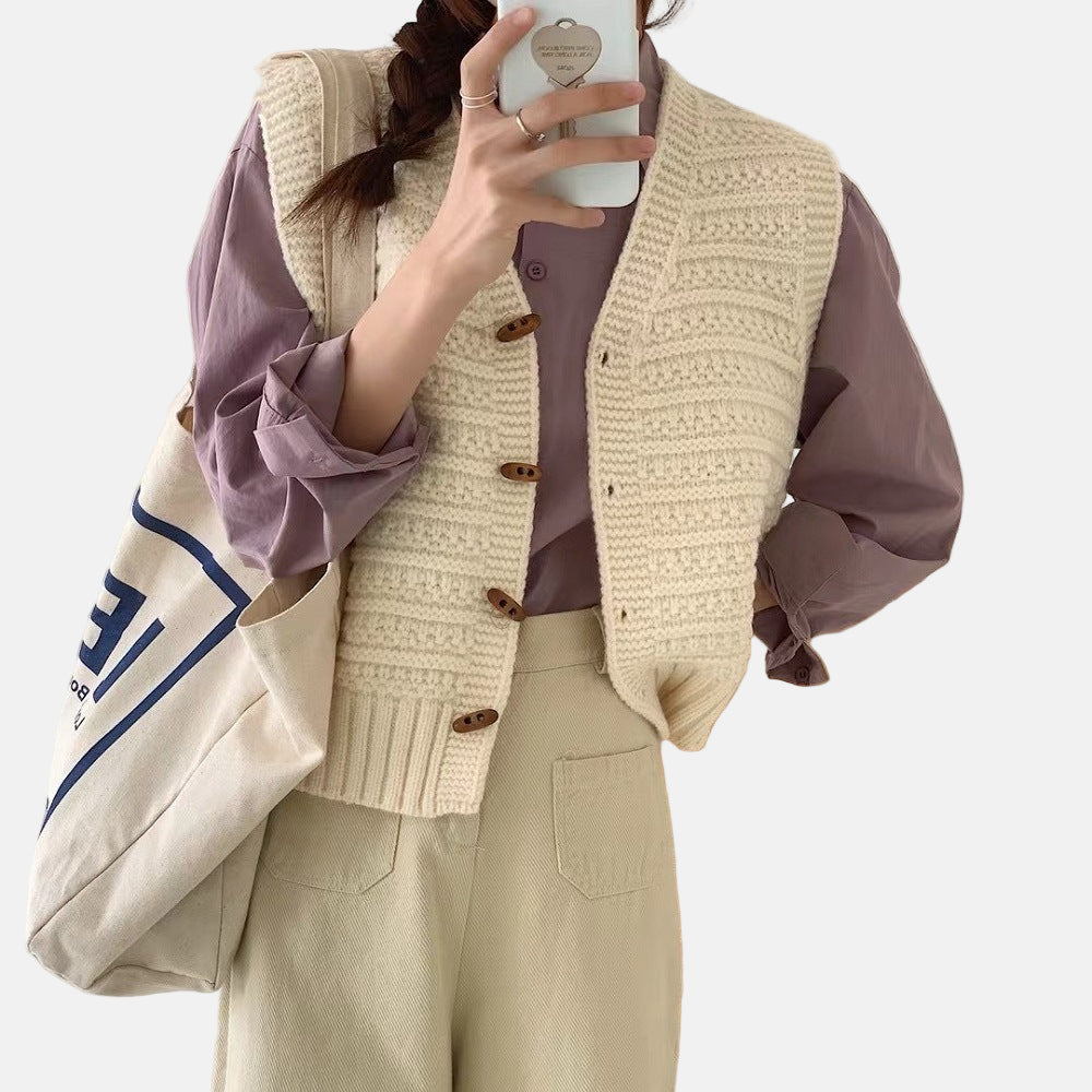 Women's Vest - Knitted Button Front - V-Neck - Cozy Layer